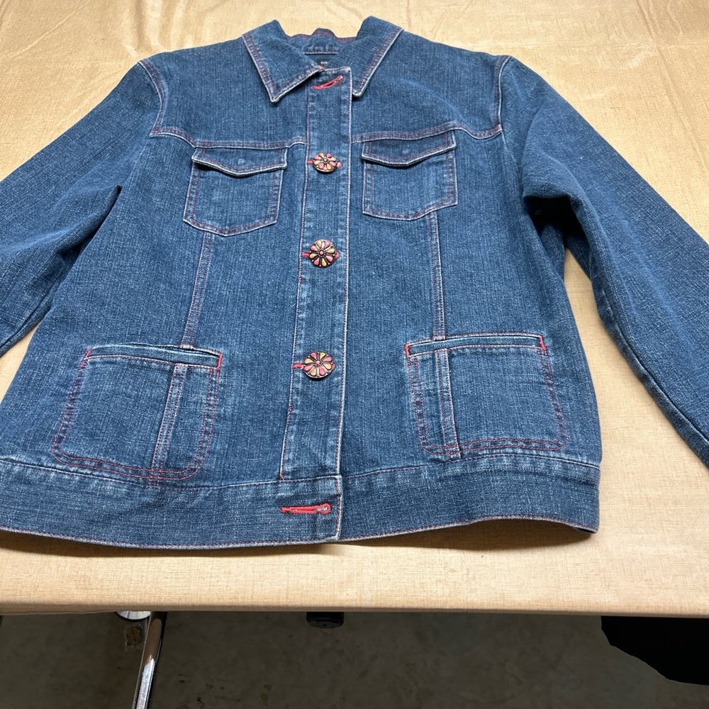 Jones New York Dark Blue Denim Jean Jacket with Flower Buttons